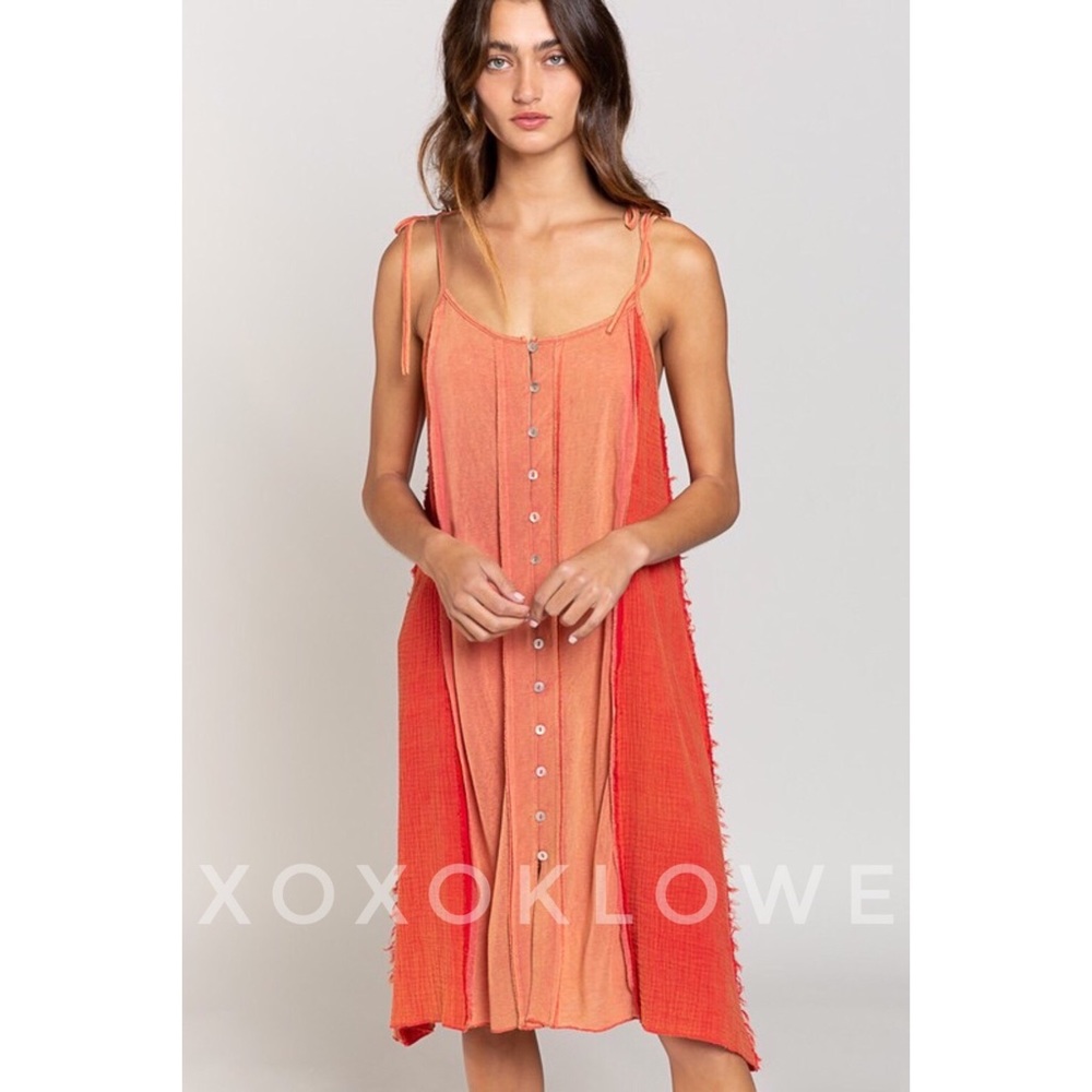 POL Coral Spaghetti Strap Button Front Mid Length Dress